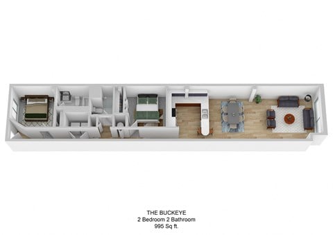 Floor plan for 2 beds, 2 baths, 995 sqft