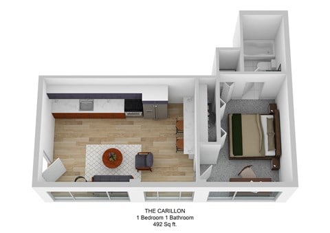 Floor plan for 1 bed, 1 bath, 492 sqft
