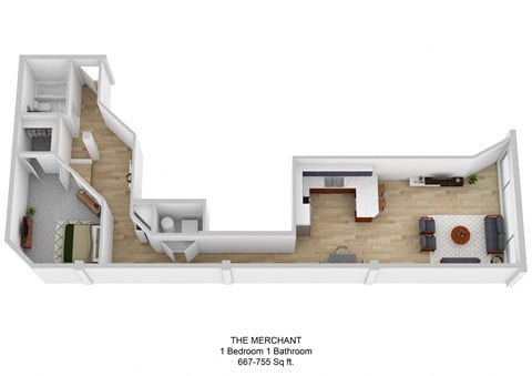 Floor plan for 1 bed, 1 bath, 755 sqft