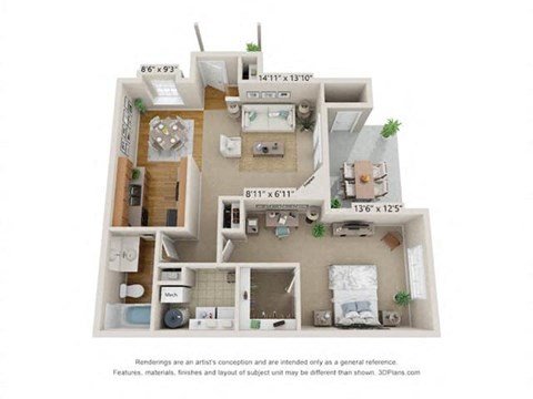 Floor plan for 1 bed, 1 bath, 816 sqft