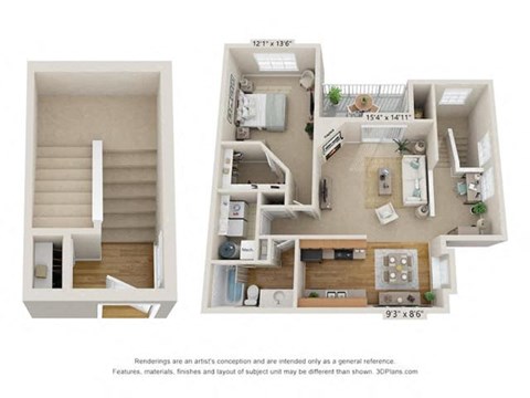 Floor plan for 1 bed, 1 bath, 974 sqft
