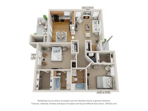 Floor plan for 2 beds, 2 baths, 1142 sqft