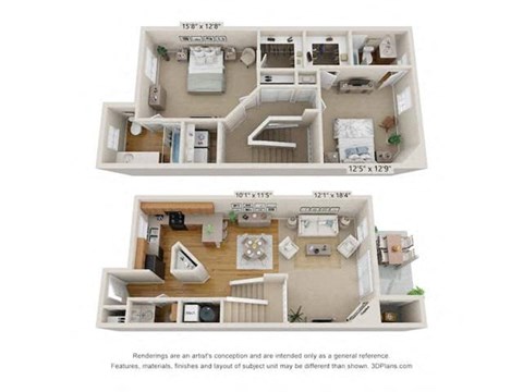 Floor plan for 2 beds, 2.5 baths, 1371 sqft