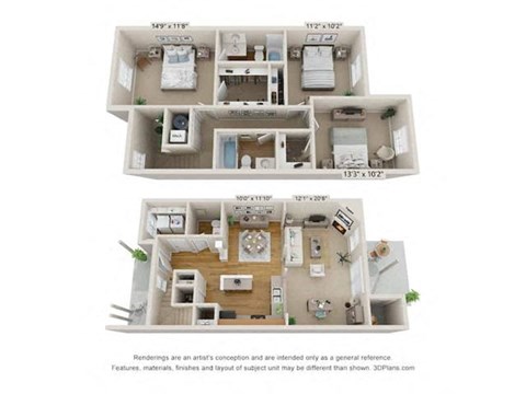 Floor plan for 3 beds, 2.5 baths, 1507 sqft