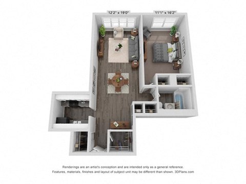 Floor plan for 1 bed, 1 bath, 740 sqft