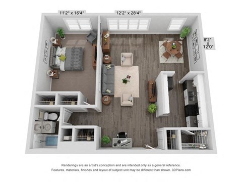 Floor plan for 1 bed, 1 bath, 825 sqft