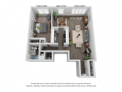 Floor plan for 1 bed, 1 bath, 860 sqft