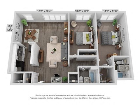 Floor plan for 2 beds, 2 baths, 1075 sqft