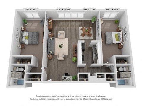 Floor plan for 2 beds, 2 baths, 1150 sqft