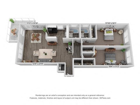 Floor plan for 2 beds, 2 baths, 1170 sqft