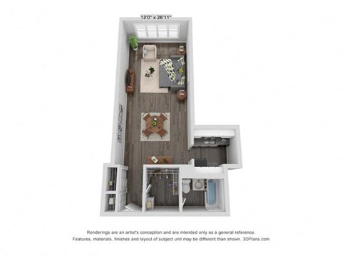 Floor plan for studio, 1 bath, 535 sqft