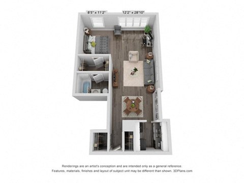 Floor plan for studio, 1 bath, 590 sqft