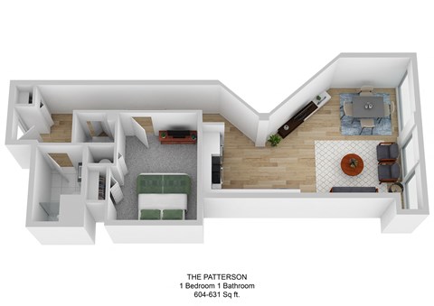Floor plan for 1 bed, 1 bath, 631 sqft