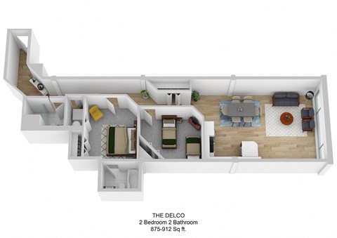 Floor plan for 2 beds, 2 baths, 912 sqft