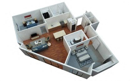 Floor plan for 2 beds, 2 baths, 955 sqft