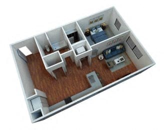 Floor plan for 1 bed, 1 bath, 748 sqft