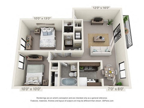 Floor plan for 2 beds, 1.5 baths, 875 sqft