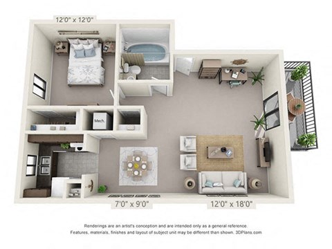 Floor plan for 1 bed, 1 bath, 675 sqft