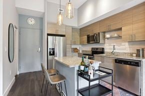 Fort Lauderdale apartment for rent - A kitchen with a stainless steel dishwasher and a white countertop.
