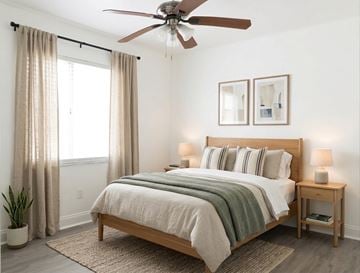 Miami apartment for rent - A bedroom with a large bed and a ceiling fan.