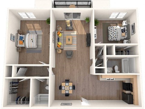 Floor plan for 2 beds, 2 baths, 1300 sqft