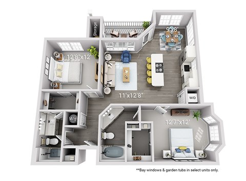 Floor plan for 2 beds, 2 baths, 1154 sqft