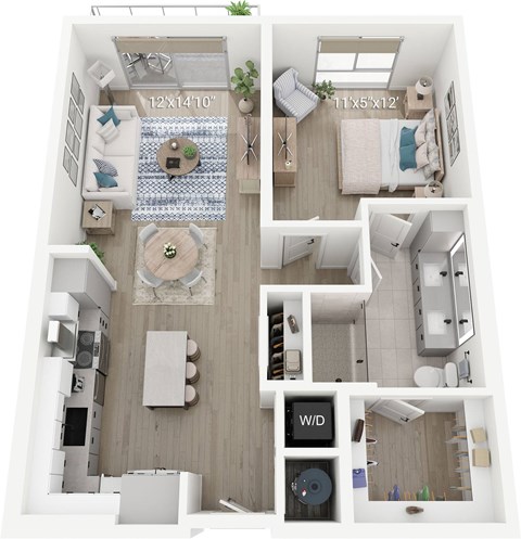Floor plan for 1 bed, 1 bath, 763 sqft