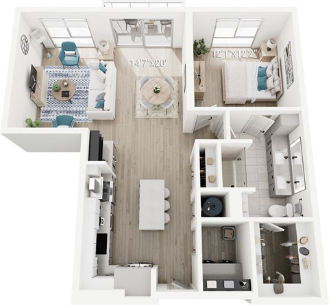 Floor plan for 1 bed, 1 bath, 965 sqft