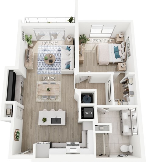 Floor plan for 1 bed, 1 bath, 895 sqft