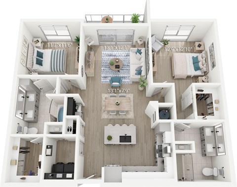 Floor plan for 2 beds, 2 baths, 1268 sqft