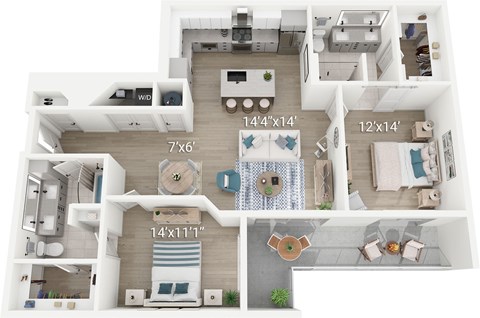 Floor plan for 2 beds, 2 baths, 1256 sqft