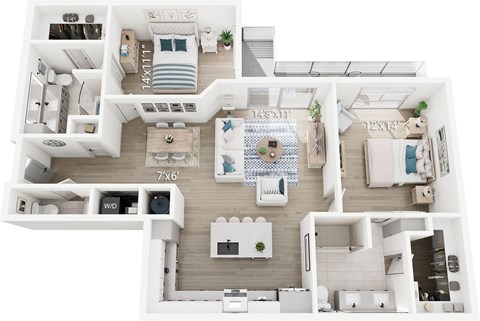 Floor plan for 2 beds, 2.5 baths, 1273 sqft