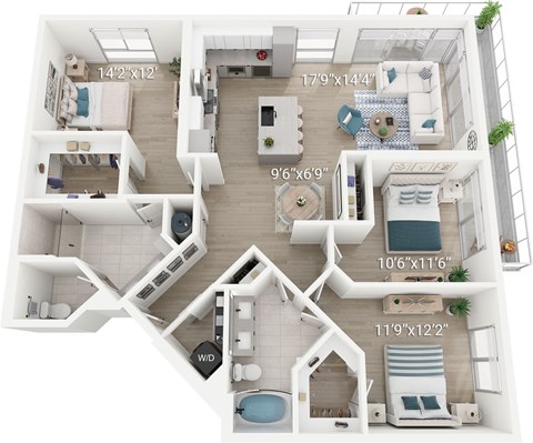 Floor plan for 3 beds, 2 baths, 1609 sqft