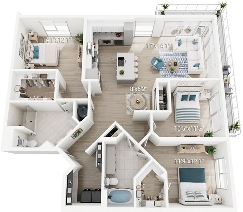 Floor plan for 3 beds, 2 baths, 1631 sqft