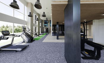Bi-level professional fitness studio with trx equipment, tonal all-in-one machines, pilates reformer room, stretch zone, juice bar, yoga area, and fitness on demand