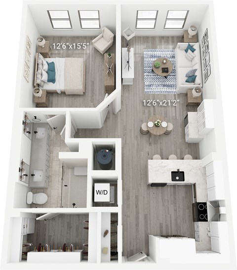 Floor plan for 1 bed, 1 bath, 905 sqft