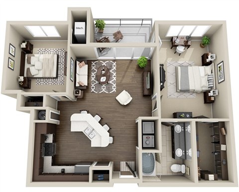 Floor plan for 1 bed, 1 bath, 1087 sqft