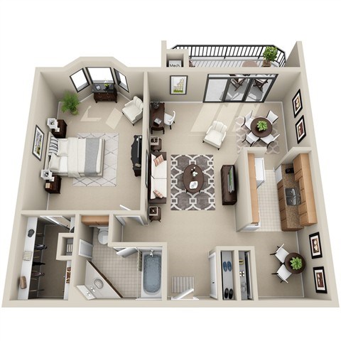 Floor plan for 1 bed, 1 bath, 972 sqft