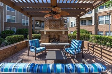 Fort Mill apartment for rent - A patio with a fireplace and chairs.