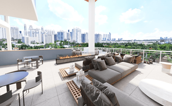 Blu sky lounge with outdoor seating, tv, fireplace, buffet, wet bar and observation terrace overlooking the city