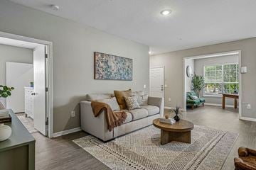 Tampa apartment for rent - A living room with a couch, coffee table, and a painting on the wall.