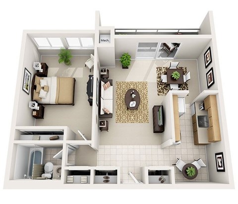 Floor plan for 1 bed, 1 bath, 779 sqft