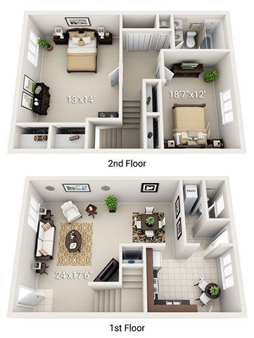 Floor plan for 2 beds, 1.5 baths, 1036 sqft