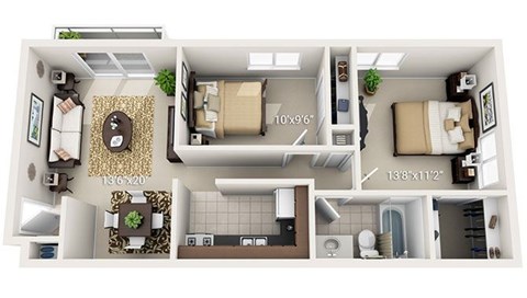 Floor plan for 2 beds, 1 bath, 780 sqft