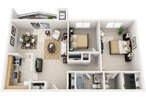Floor plan for 2 beds, 1.5 baths, 1115 sqft