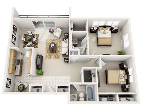 Floor plan for 2 beds, 2 baths, 1134 sqft
