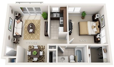 Floor plan for 1 bed, 1 bath, 680 sqft