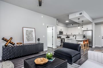 Wake Forest apartment for rent - A black and white living room with a wooden coffee table and a black couch.