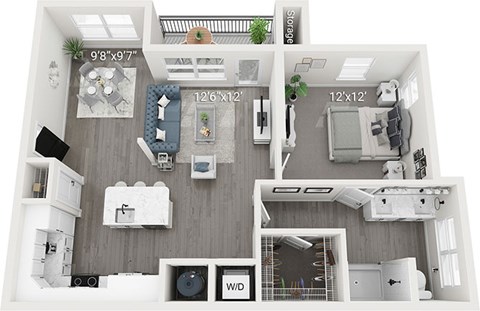 Floor plan for 1 bed, 1 bath, 860 sqft