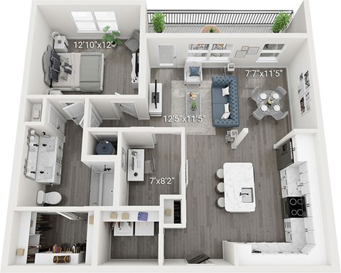 Floor plan for 1 bed, 1 bath, 983 sqft